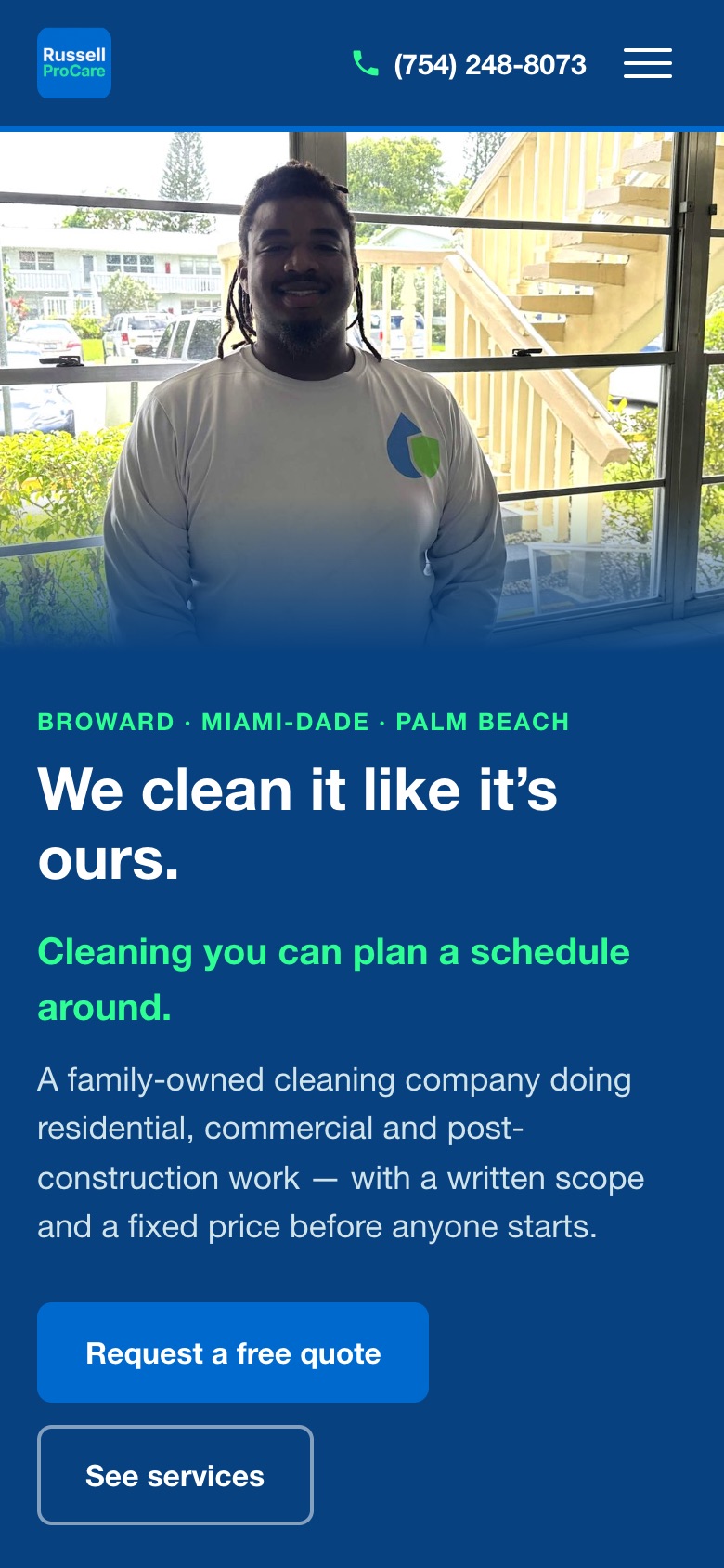 Russell Pro Care homepage on a phone